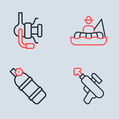 Obraz premium Set line Fisherman in boat, Aqualung, Fishing harpoon and Spinning reel for fishing icon. Vector