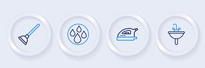 Set line Washbasin, Electric iron, Water drop and Rubber plunger icon. Vector