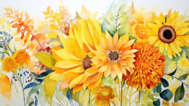 Autumn sunflowers beautiful bouquet. Modern watercolor floral art design. AI botanical illustration for weddings, invitations, greeting cards, print.