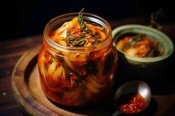 AI Generated Korean kimchi cuisine, fermented vegetables with various spices.
