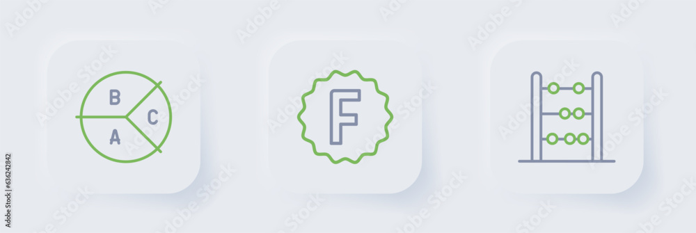 Poster set line abacus, exam paper with incorrect answers and pie chart infographic icon. vector