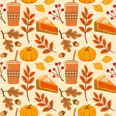 Pumpkin spice latte vector background, pumpkin pie and garden foliage, decorative seamless pattern.