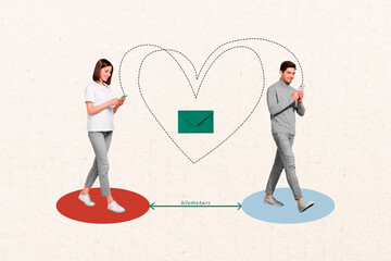 Poster collage photo of happy people soulmates dating through kilometers romance wifi connection...