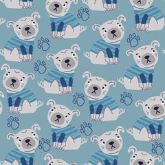 Vector seamless pattern with cute pugs wearing blue tshirt with paws on blue background. Perfect for childrens pattern for boys. Simple cute pug puppy pattern in hand drawn style. Vector illustration