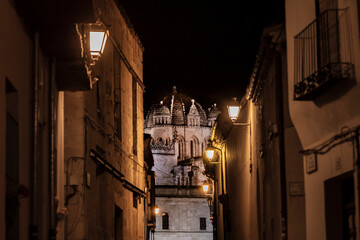 View across the streets of the cathedral of Zamora, Spain, illuminated at night by street lamps