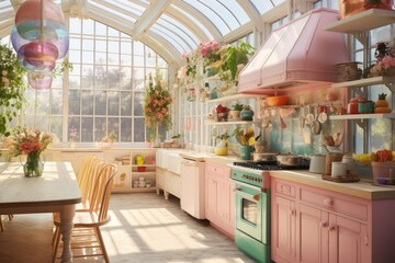 Pastel iridescent light rays inside bright kitchen