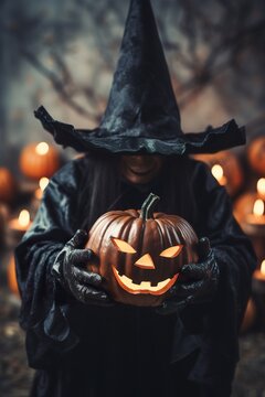 Scary witch with Jack O'Lantern. Close uo view. Happy Halloween. Mystical woman. Trick or treat. Generative AI.