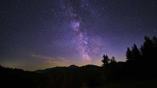 Milky way universe, star trails in dark evening clouds. Perseid Meteor Shower, Timelapse