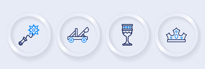 Set line King crown, Medieval goblet, catapult and Mace with spikes icon. Vector