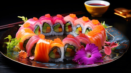 Witness the exquisite presentation of food with this enchanting image. A plate adorned with meticulously arranged sushi showcases the artistry of Japanese cuisine. Each roll is a burst of color.