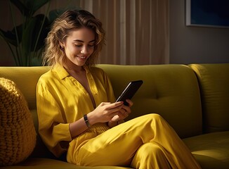 Obraz premium Serious woman in the night using smart phone sitting on a couch in the living room at home Created with Generative AI technology.
