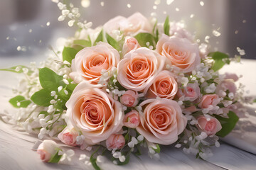 Beautiful flowers decorated on the table. Tables are set for a party or wedding reception. Bridal bouquet. 