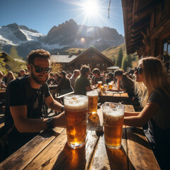 beer and snacks in an alpine hut in the mountains, Ai generated - obrazy, fototapety, plakaty