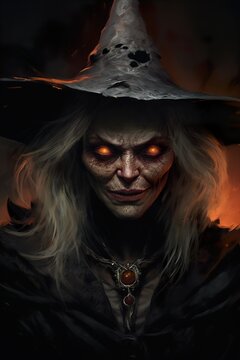 Scary witch portrait. Close uo view. Happy Halloween. Mystical woman. Trick or treat. Generative AI.
