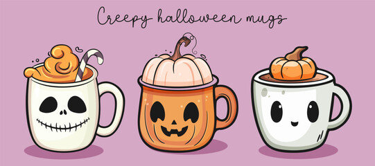 Happy Halloween set of cute creepy mugs with faces. Vector illustration in cartoon style.
