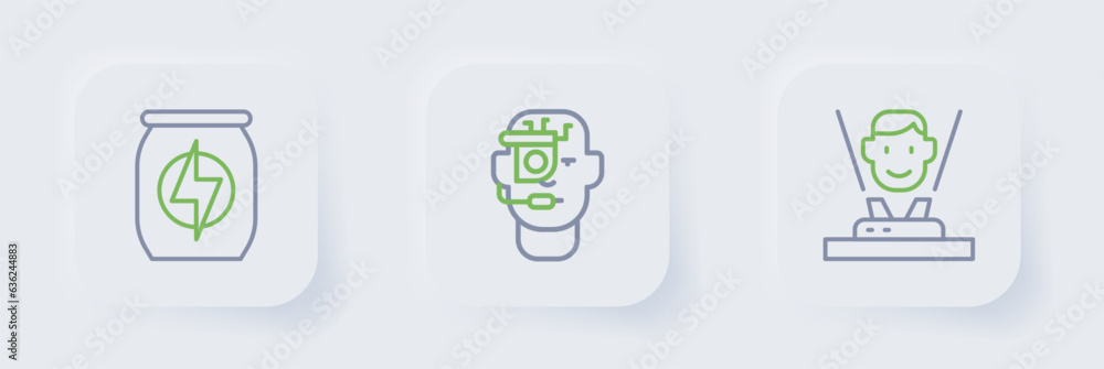 Poster Set line Hologram, Smart glasses on spectacles and Energy drink icon. Vector