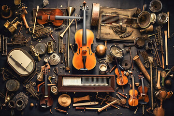 A group of diverse musical instruments, old and new