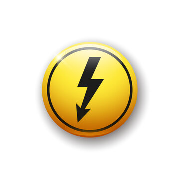 Realistic glossy button with high voltage icon. 3d vector element of yellow color with shadow underneath.
