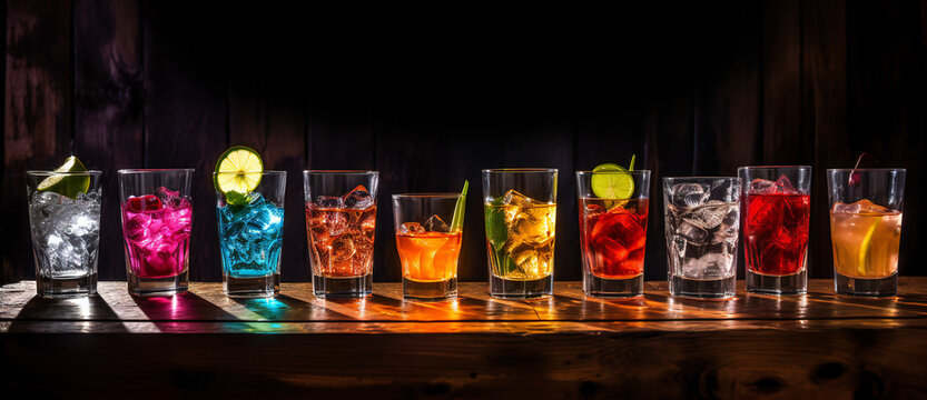 An assortment of mixed drinks against a dark background