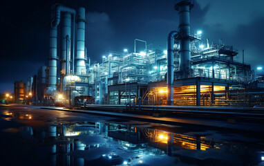 A chemical plant or an oil refinery in the night, with lights, pipes and installations