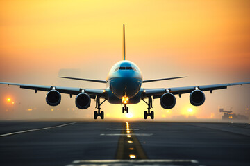 Passenger plane taking off from airport, front view