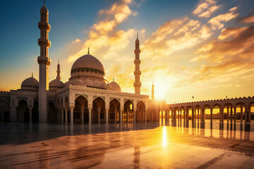 Naklejka premium Big generic mosque with minarets with sun behind