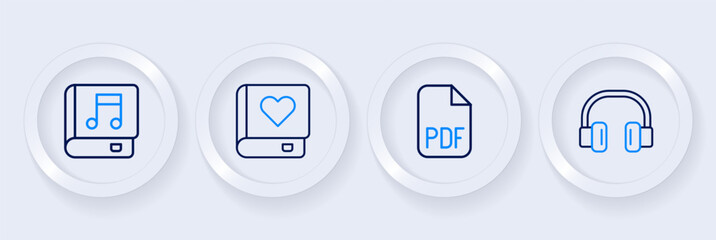 Set line Headphones, PDF file document, Romance book and Audio icon. Vector