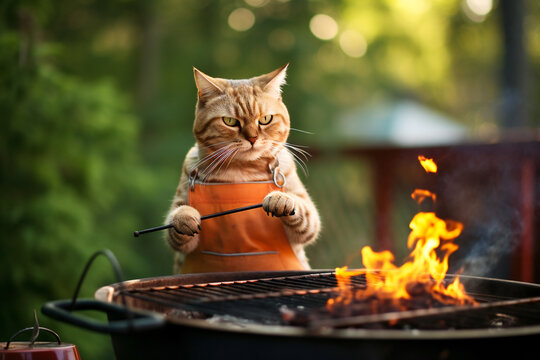 Funny cat chef cooking a barbeque at grill