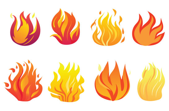 Set of fire in the flat cartoon design. Sophisticated design and artwork depicting the power and intensity of the burning lights. Vector illustration.