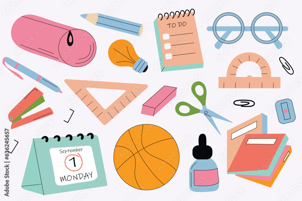 Poster school set in the cartoon design. a dynamic and interactive set design shows the different elements 