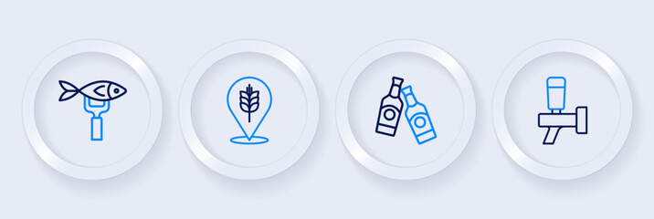 Set line Beer tap, bottle, Wheat and Dried fish icon. Vector