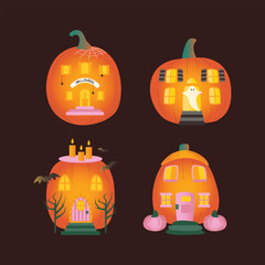 Set of Halloween pumpkins, autumn holiday. Pumpkin house with cut out windows.