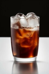 a glass of ice tea with brown liquid