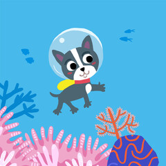 Cute childrens illustration with the dog diving along coral reefs, cute dog character. Underwater childrens scene. Vector illustration