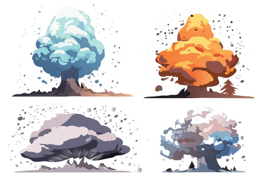 Set of volcanoes in the flat cartoon design. A fascinating collection of illustrations depicting the beauty and power of volcanoes. Vector illustration.