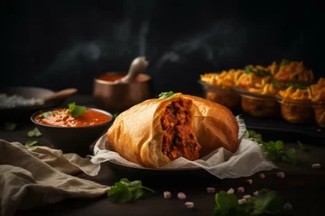 Foto op Plexiglas Indian vegetarian snacks - samosa, pav bhaji, pakode. Fast food banner. Generative AI © Randy