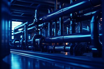 Industrial background with pipeline. Blue water pipes on dark blue background. Generative AI