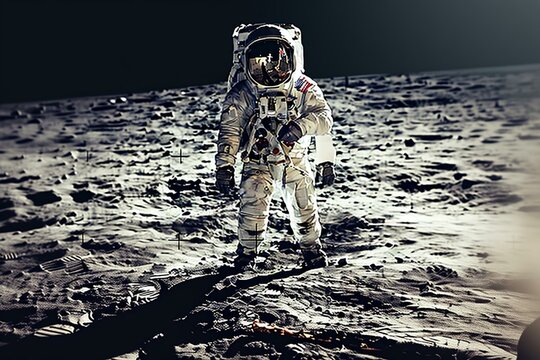 Astronaut walking on moon during Apollo 11 mission. Generative AI