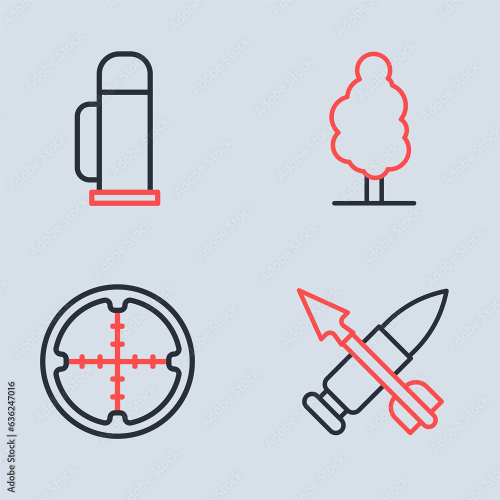 Poster set line tree, sniper optical sight, crossed bullet with arrow and thermos container icon. vector