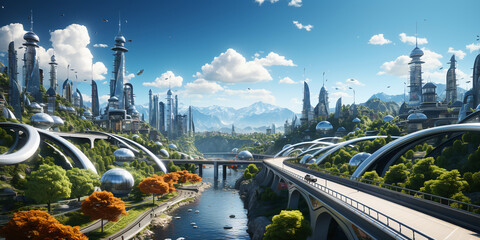 Futuristic cityscape with river, road, densely planted trees and greenery, future city with skyscrapers and modern buildings
