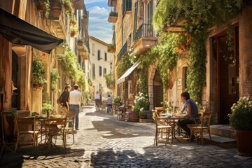 Quaint Mediterranean alley, historic stone houses, and rustic charm. Tuscany hidden beauty. Concept of travel and summer vacation.