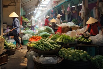 Bustling Asian street market. locals purchase fresh produce and vegetables. Concept of traditional commerce and vibrant culture.
