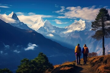 Fototapeta premium Young hiker at snowy summit, expansive sky view. Concept of exploration and rugged wilderness.