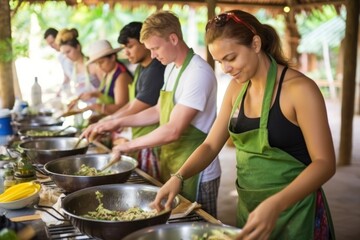 Multiracial friends enjoying a cooking class in Thai kitchen. Concept of culinary exploration and togetherness.