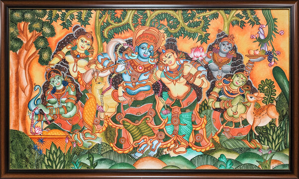 a vintage mural painting of male and female gods with traditional bright colors in a wooden frame