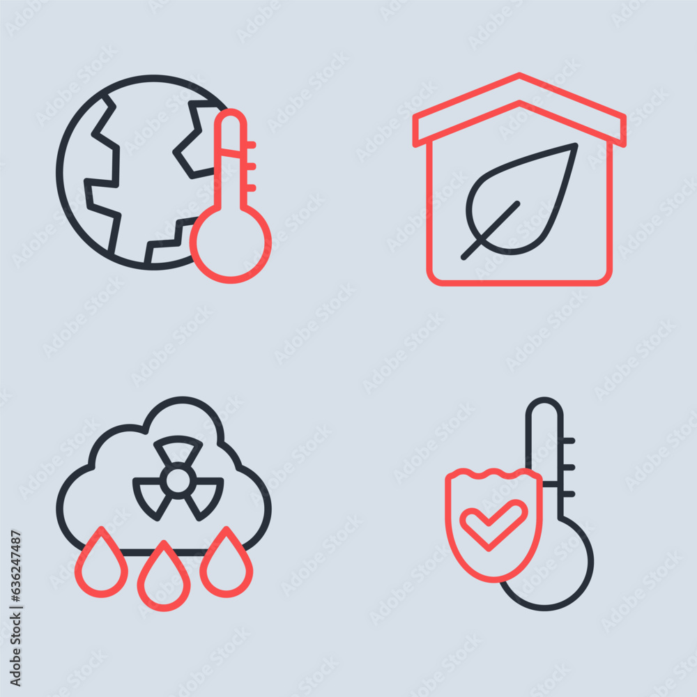 Poster Set line Eco friendly house, Acid rain radioactive cloud, Thermometer and Earth melting to global warming icon. Vector