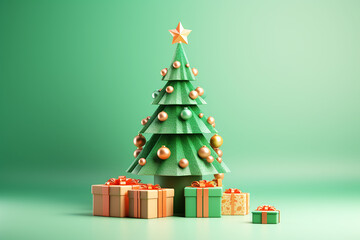 Pastel Christmas tree, gifts and christmas balls