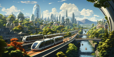 Futuristic city with dense planted trees and greenery, ecological cityscape of the future with electric transport and skyscrapers, modern buildings and trains