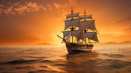 Barque ship in the ocean at sunset. Generative Ai
