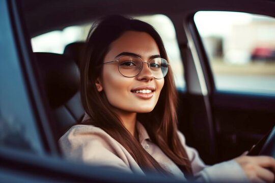 Pretty Young Successful Happy Brunette Driving A Car